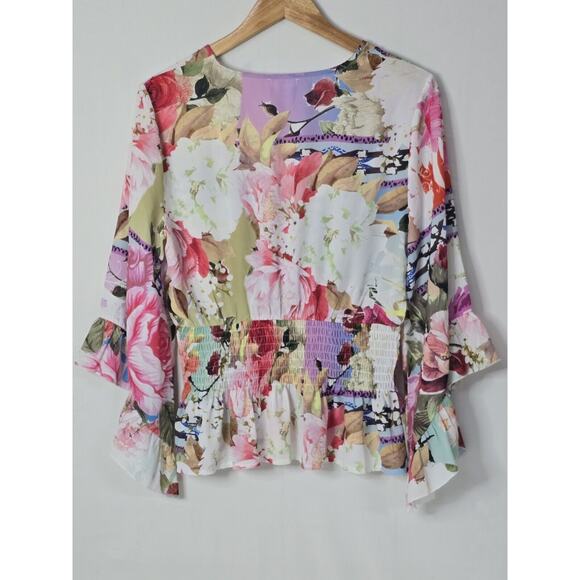 White Pink Floral Print Venus Elastic Hem V-Neck Flutter Sleeve US Size 12 - Picture 6 of 6